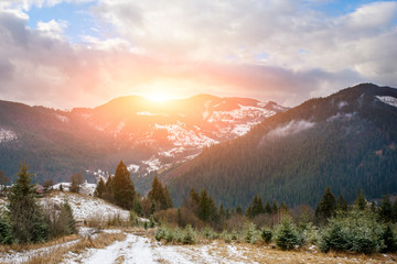 Scenic winter view on top of the Carpathian mountain