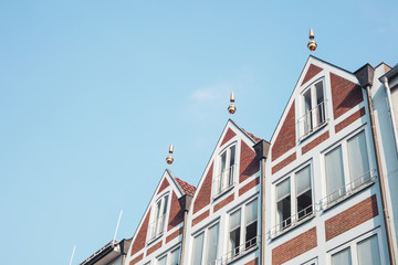 Group of houses in Dusseldorf's old town in blue sky background with copy space