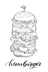 Sketch hand drawn illustration of hamburger. American fast food. Vector monochrome illustration. Food concept