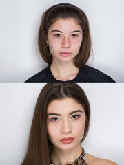 Comparison portrait young beautiful woman without and with makeup cosmetics. Nude natural beauty...