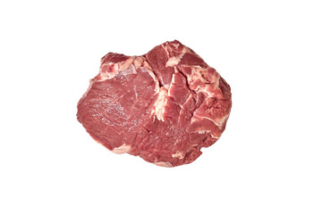 Fresh raw beef steak isolated on white background, top view.