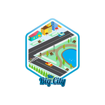 big city isometric real estate realty cartoon logo template