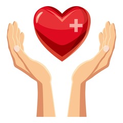 Hands holding red heart with cross icon