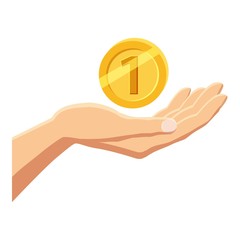 Hand holding gold coin icon, cartoon style