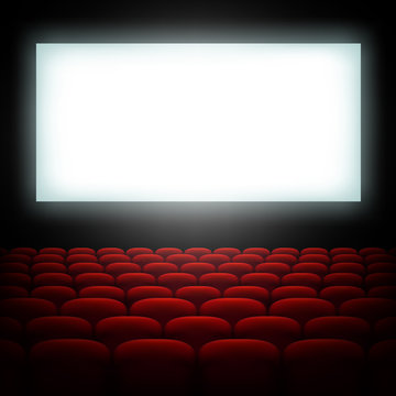 Cinema hall with screen and red seats. EPS 10 vector