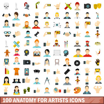 100 anatomy for artists icons set, flat style