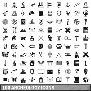 100 Archeology Icons Set, Simple Style 