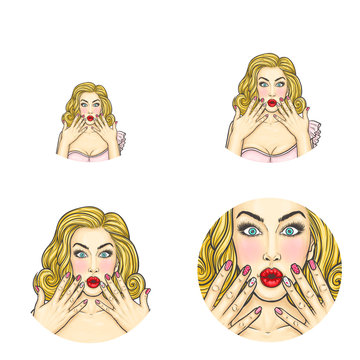 Vector pop art avatar of surprised pin up girl holding her hands in shock to announce discounts or sales. Great icon for invitation to parties or advertising discounts, sales. Networking illustration