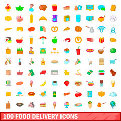 100 food delivery icons set, cartoon style