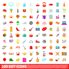 100 gift icons set, cartoon style