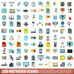 100 network icons set, flat style