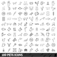 100 pets icons set, outline style