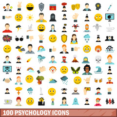 100 psychology icons set, flat style