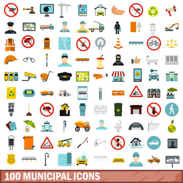 100 Municipal Icons Set, Flat Style