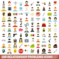 100 relationship problems icons set, flat style