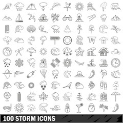 100 storm icons set, outline style
