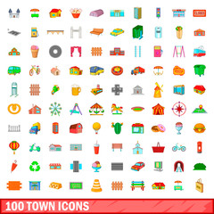 100 town icons set, cartoon style