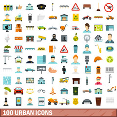 100 urban icons set, flat style