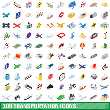 100 transportation icons set, isometric 3d style