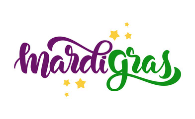 Vector illustration: Handwritten modern brush lettering of Mardi Gras with stars on white background © deniskrivoy