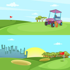 Field of golf banner set horizontal, cartoon style
