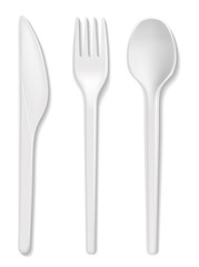Disposable plastic spoon, fork and knife vector isolated cutlery. Realistic white plastic party or picnic tableware icons illustration on white background