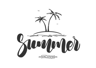 Naklejka premium Vector illustration: Hand drawn lettering composition of Summer Vacation with palm trees on white background.