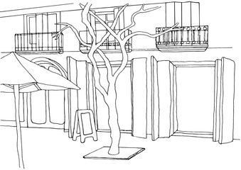 Cafe or supermarket entrance exterior. City vector sketch. Hand drawn street illustration.