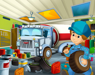 cartoon scene with garage mechanic working repearing some vehicle or cleaning work place - illustration for children