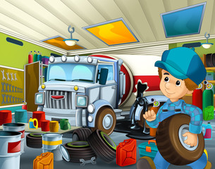 cartoon scene with garage mechanic working repearing some vehicle or cleaning work place - illustration for children