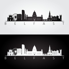 Belfast skyline and landmarks silhouette, black and white design, vector illustration. - obrazy, fototapety, plakaty