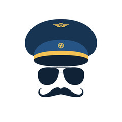 Portrait of pilot with mustache in cap and glasses. Vector illustration. © greens87