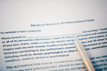 Patient release of information form with HIPAA regulations documents. Medical release of information form