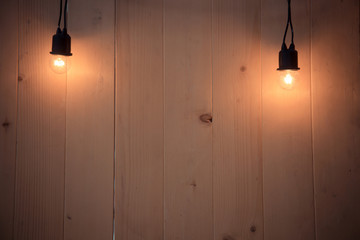 Vintage light bulbs hanging on wood wall