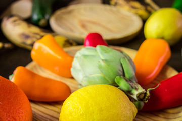 Fruits and vegetables at the rustic table. Healthy food