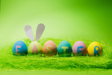 Row of six colorful pastel monophonic painted Easter eggs with inscription Easter, fun bunny ears on egg in green grass isolated on green background. Copy space for advertisement. With place for text