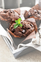 Chocolate muffins for breakfast. Selective focus.