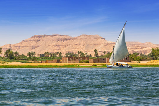 Falukas sailboat on the Nile river near Luxor, Egypt