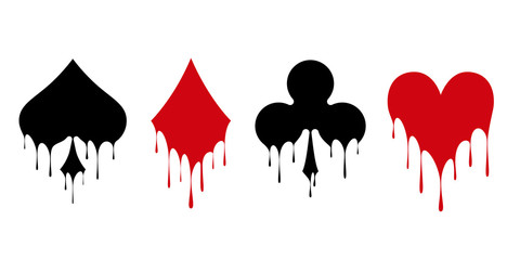 Set of symbols deck of cards for playing poker and casino. Flowing liquid paint. Vector illustration.