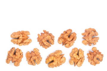walnut kernels isolated on white background with copy space for your text. Top view. Flat lay
