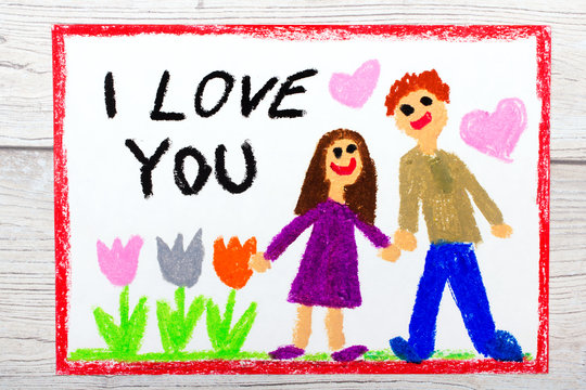 Photo of colorful drawing: couple in love and inscription I LOVE YOU