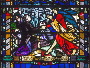 LONDON, GREAT BRITAIN - SEPTEMBER 16, 2017: The messianic prophecy of Daniel on the stained glass in church St Etheldreda by Charles Blakeman (1953 - 1953).