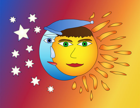 Moon And Sun Friendship, Moon And Sun Smiling Together On Colorful Background