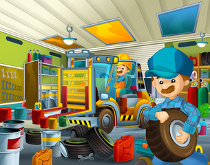 cartoon scene with mechanic in the garage working - illustration for children