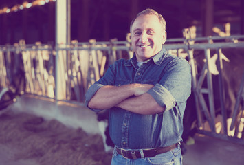 Obraz na płótnie Canvas male farmer posing against background of cows in stall