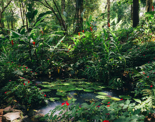 Fototapeta na wymiar Water lillies, Nymphaeaceae, in tropical rainforest