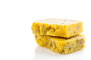 Yellow bars of natural organic soap isolated on white