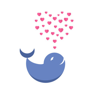 Cartoon blue whale vector card with hearts. Cute happy ocean Dolphin. Smiling whale. Whale in love. festive concept for the World Whale and Dolphin day Valentines day background