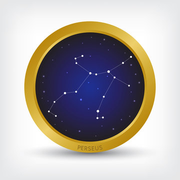 Perseus constellation in golden circle, group of star in galaxy, vector illustration