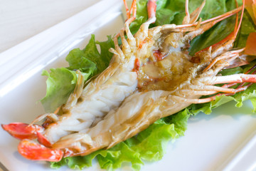 Steamed river shrimp,Boiled river shrimpin in white dish on table.